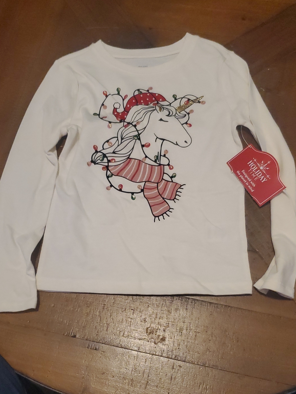 Holiday Time White Long-Sleeve Unicorn Tee with Red Scarf and Hat